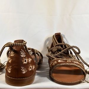 Forever 21 brown lace up sandals stitched flowers